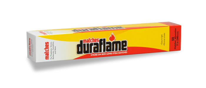 DURAFLAME® safety strike-on-box long-stem matches horizontal view of box 