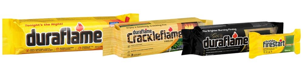 A group of Duraflame products, including 6lb, Crackleflame and Gold firelogs & a firestart firelighter.