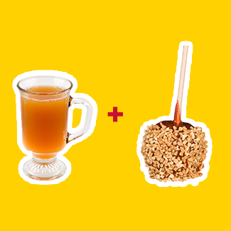 Sweet Pairing of hot cider plus a caramel apple on bright yellow background