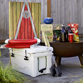 Tailgating items: backyard games, cooler, drinks and snacks, fire pit, OUTDOOR firelogs