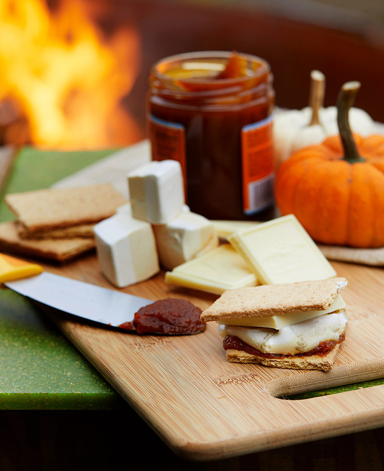 Pumpkin s'mores ingredients on a wood block with a fire pit in the background