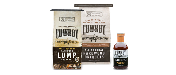 Cowboy® Charcoal group of products including Hardwood Lump, Hardwood Briquets and Range Style BBQ Sauce 